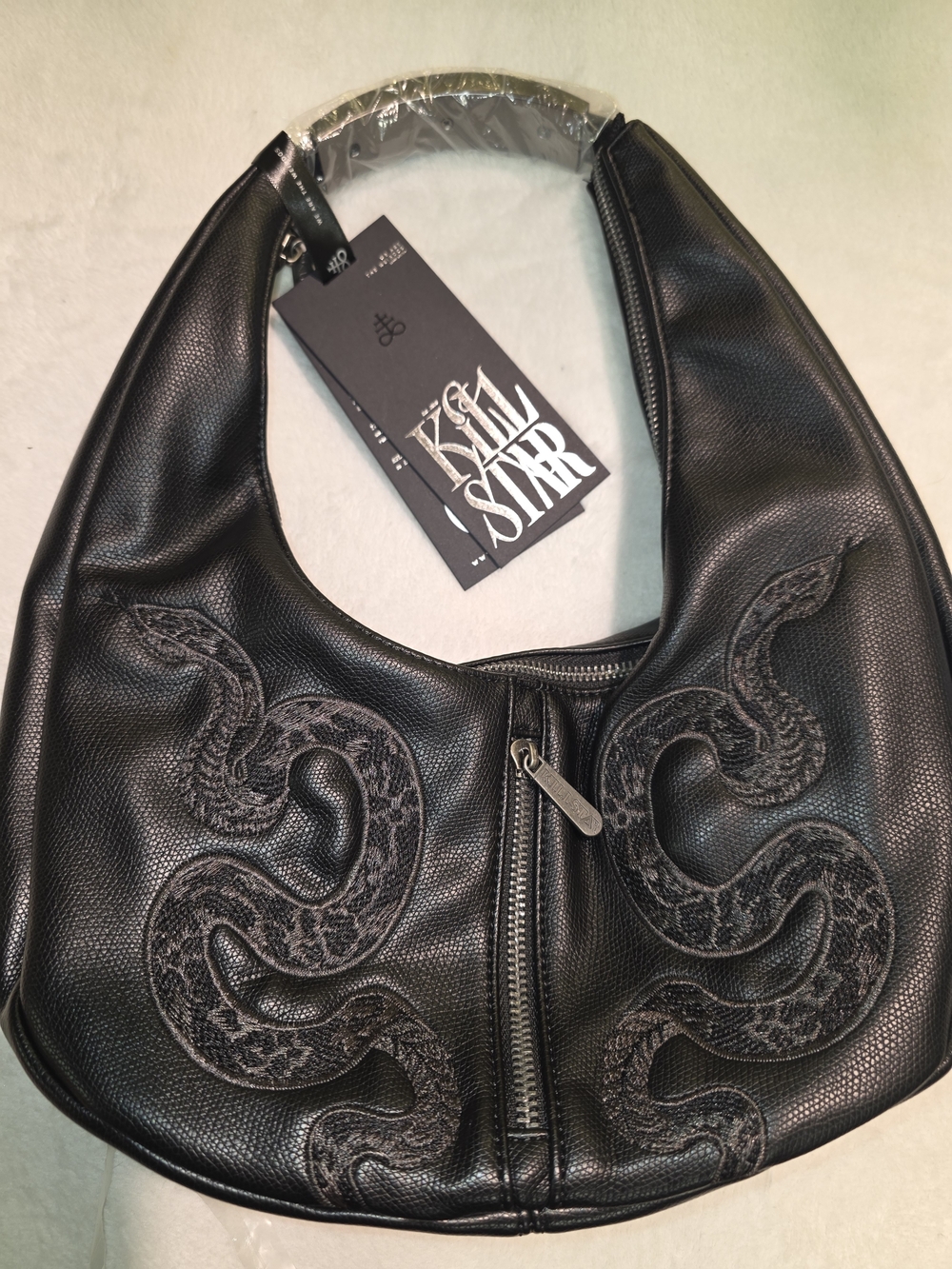 Killstar Silver Bite Bag  Black Snake-Embroidered Hobo Bag